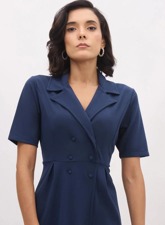 SASSAFRAS Women Blue Notch Collar Button Midi Dress
